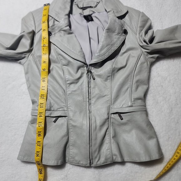 White House Black Market Gray Leather Moto Jacket with Zipper Diamond Detail - Picture 12 of 16